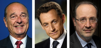 De izquierda a derecha, los ex presidentes de Francia Jacques Chirac, Nicolas Sarkozy y Francois Hollande. 