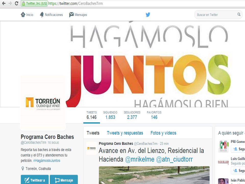 La dirección de Atención Ciudadana de Torreón atiende denuncias de bacheo por redes sociales.