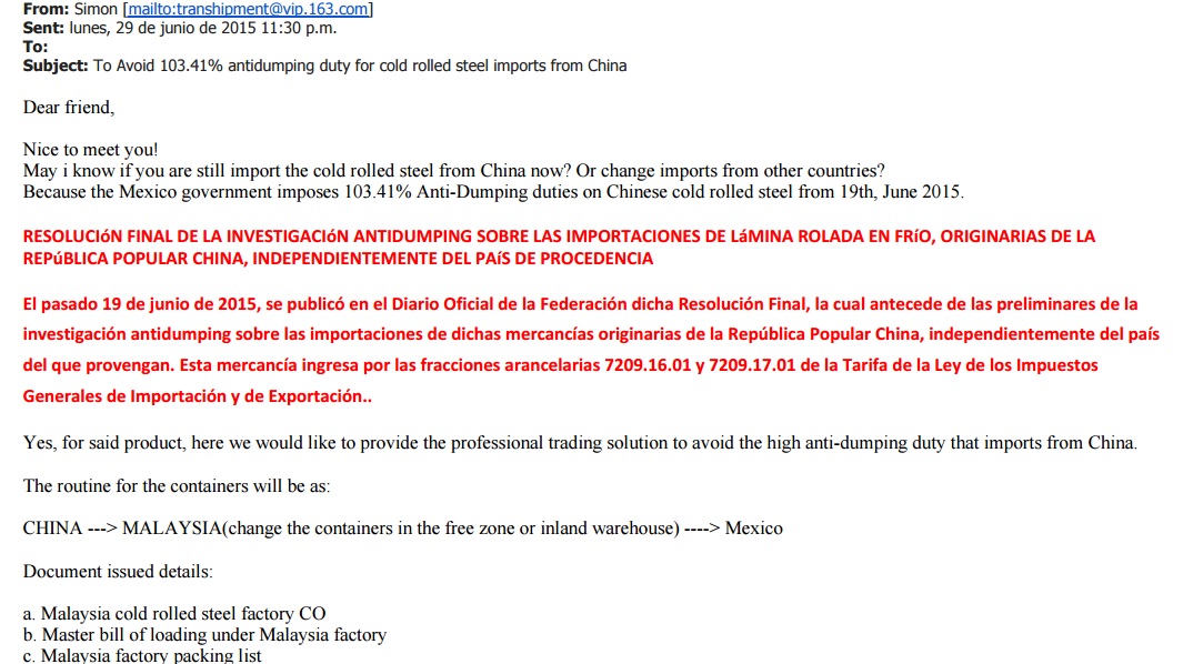 Copia del correo que envió Simon de Topcar Global Forwarding Co. LTD