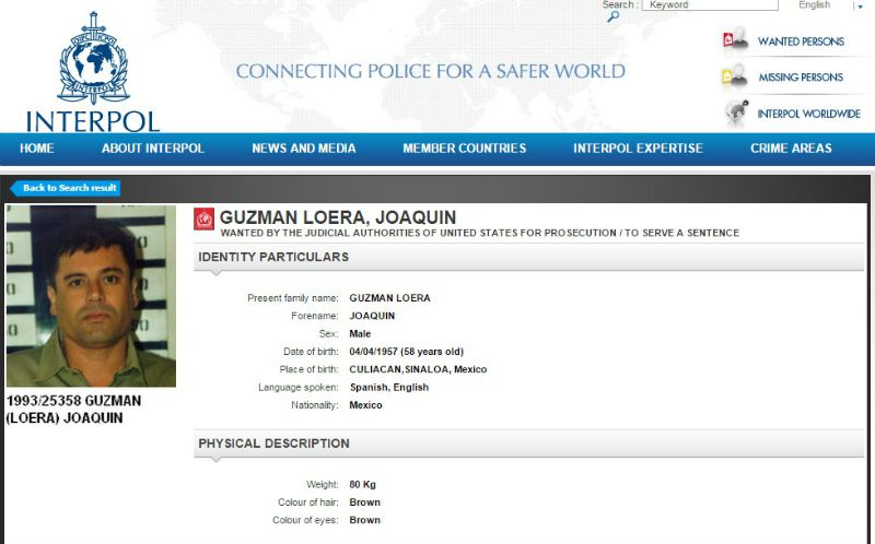 La ficha roja para buscar a 'El Chapo' en los 190 países.