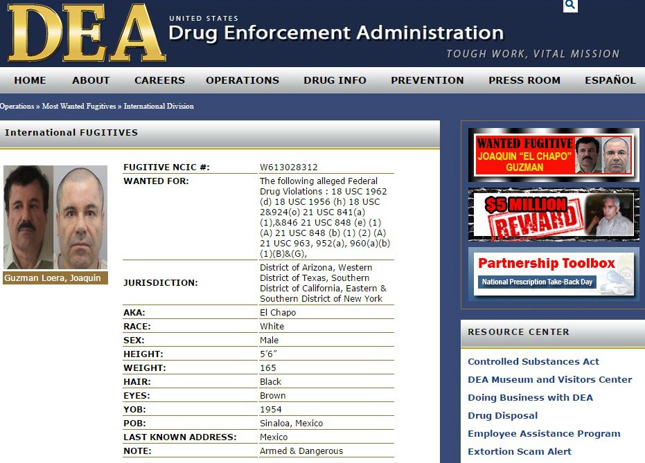 En esta ficha, “El Chapo” es descrito como un individuo "armado y peligroso".