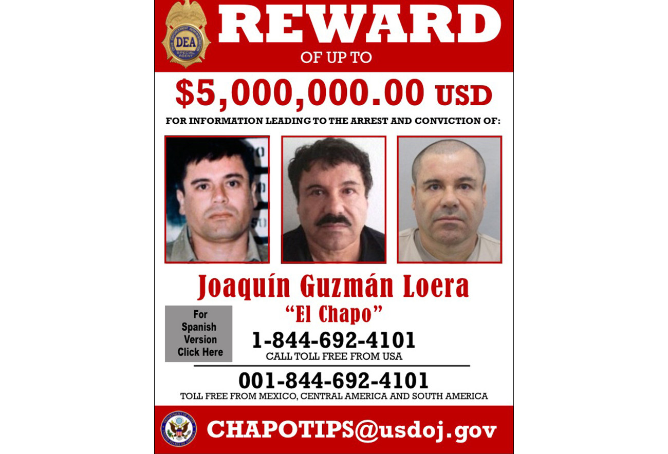 El gobierno de EU ofrece una recompensa de 5 millones de dólares por la captura de Joaquín Guzmán Loera,
