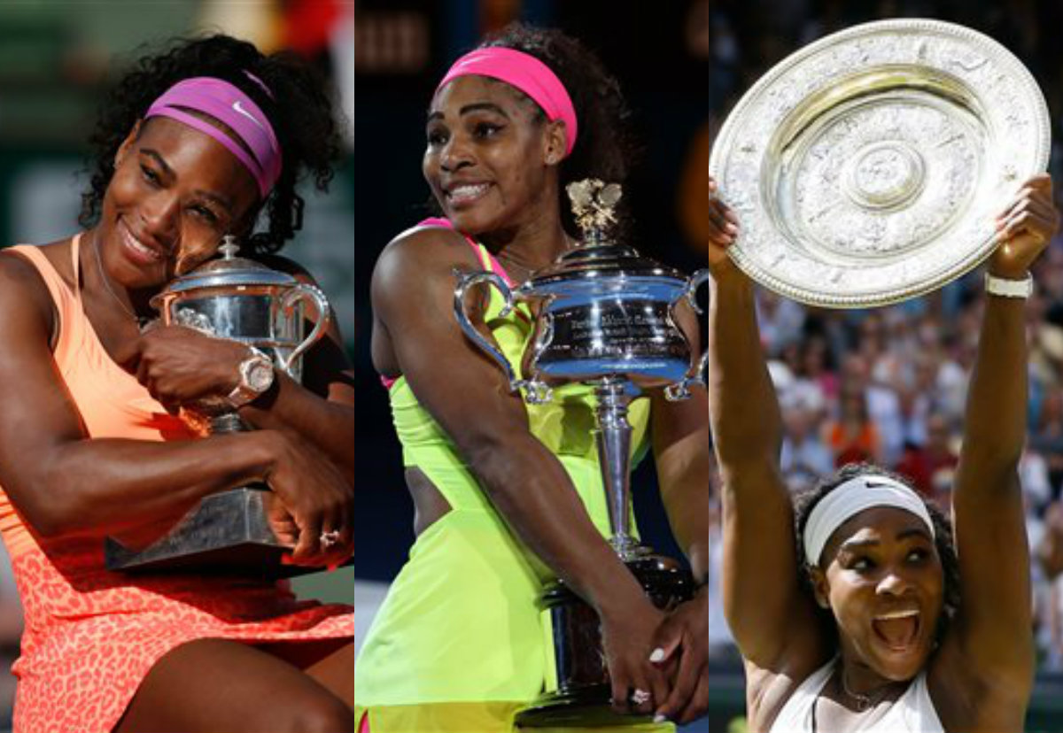 Serena Williams con los trofeos de los tres Grand Slam que ha ganado esta temporada 