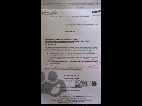 Oficio en el que se hace la invitación al personal del municipio de Coacalco y la advertencia. 