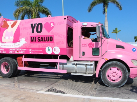 La empresa de recoja de basura “Red Ambiental”, pintó algunos camiones y carritos de barrido a mano de color rosa.