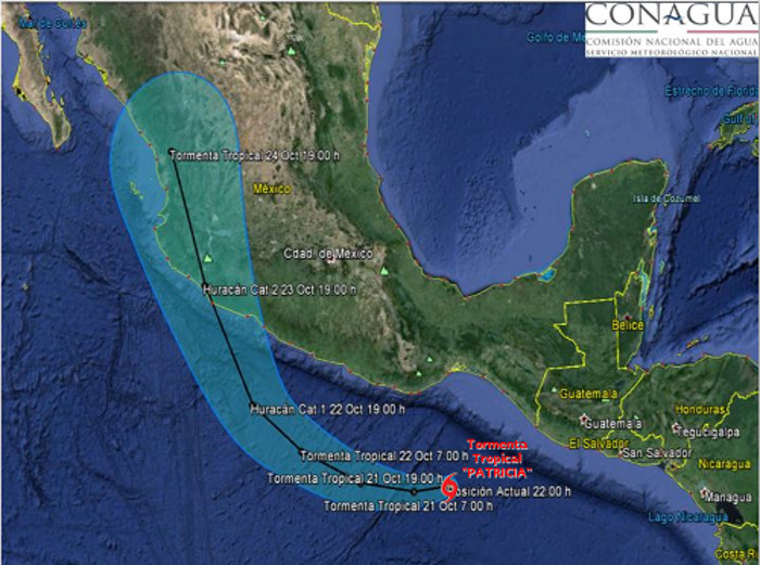 Pronóstico de la trayectoria de la tormenta tropical 'Patricia'.