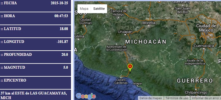 El epicentro fue 37 kilómetros al este de la región de Las Guayacamas; según el gobernador de la entidad, Silvano Aureoles, no hay novedad ni daños en