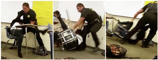 En esta combinación de imágenes de video tomadas por un alumno puede verse al policía intentando separar a la alumna de su pupitre