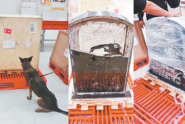 El perro que detectó la droga y el objeto funerario en el que hay una inscripción en inglés.