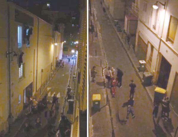 El periodista Daniel Psenny videograbó el escape del Bataclan; una persona cuelga de un piso superior.