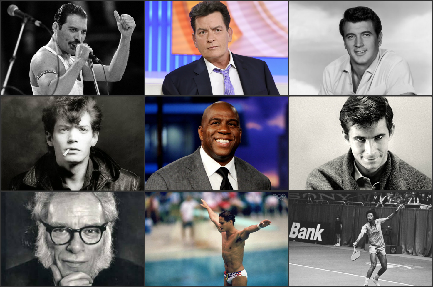 Freddie Mercury, Charlie Sheen, Rock Hudson, Robert Mapplethorpe, Earvin "Magic" Johnson, Anthony Perkins, Isaac Asimov, Greg Louganis y Arthur Ashe.