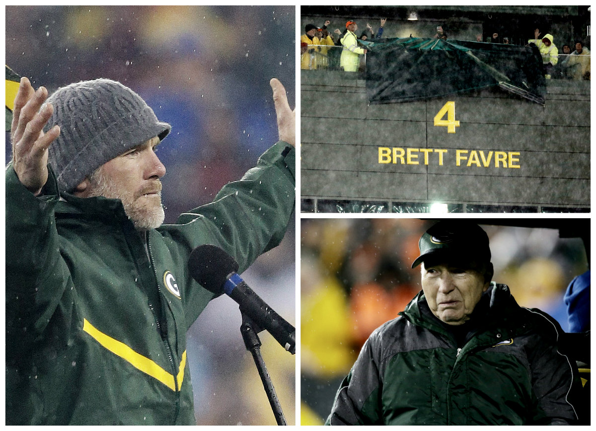 El '4' de Brett Favre, en el Lambeau Field, ya es inmortal, y  el QB del Salón de la Fama, Bart Starr, lo acompañó