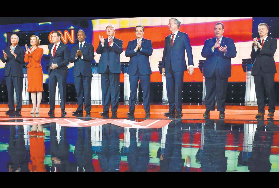 John Kasich, Carly Fiorina, Marco Rubio, Ben Carson, Donald Trump, Ted Cruz, Jeb Bush, Chris Christie y Rand Paul ayer en Las Vegas.