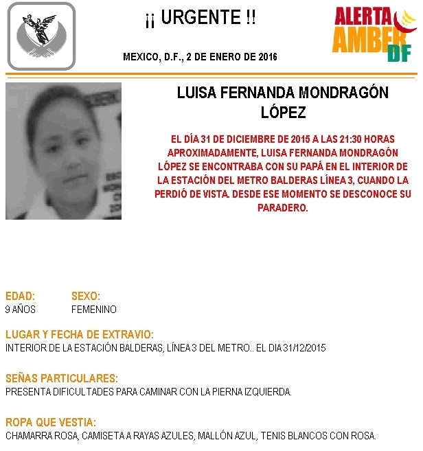 Luisa Fernanda Mondragón López, de 9 años, desapareció el pasado 31 de diciembre en el interior de la estación del Metro Balderas.
