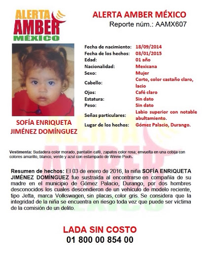 Alerta Amber por el robo de la niña Sofía Enriqueta Jiménez Domínguez.