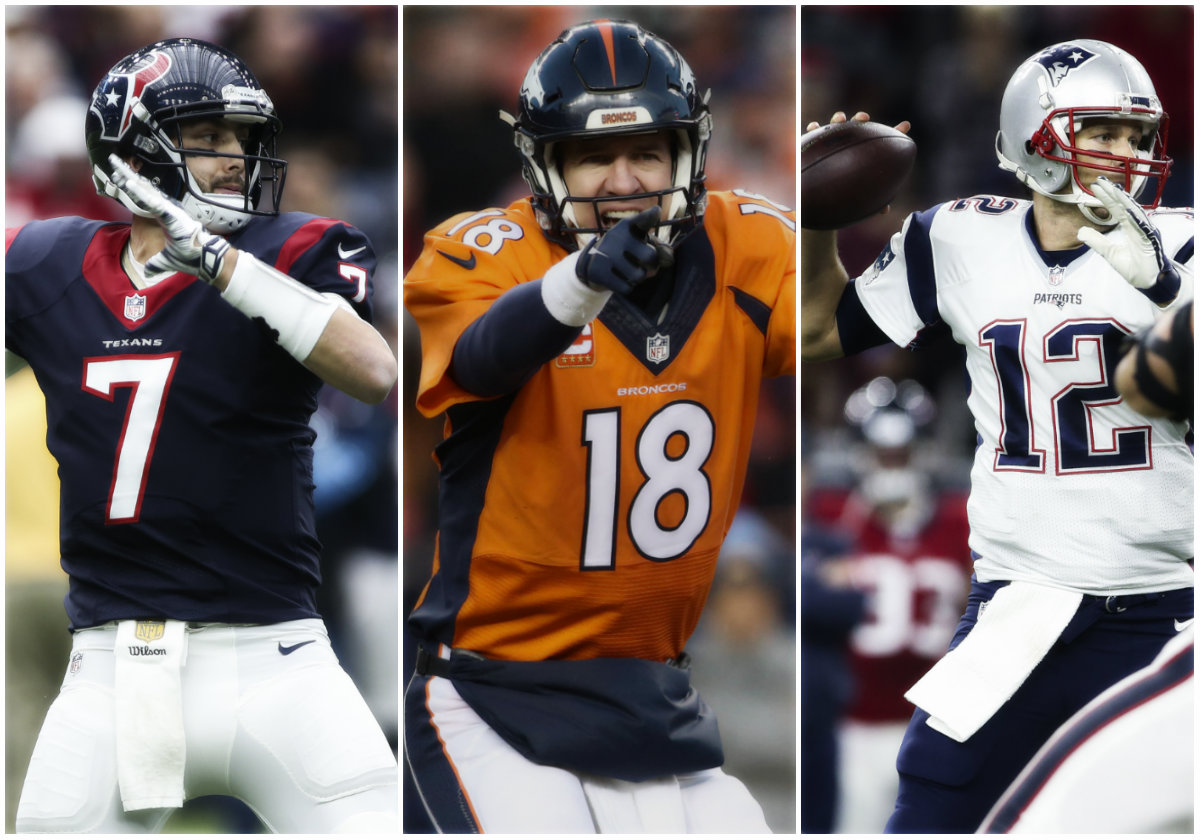 Brian Hoyer (Texanos de Houston), Peyton Manning (Broncos de Denver) y Tom Brady (Patriotas de Nueva Inglaterra) 