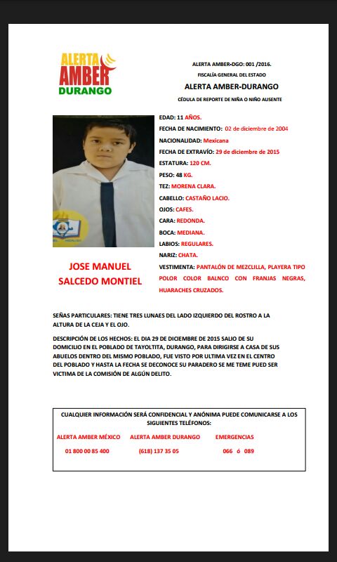 La Fiscalía del Estado lanzó este domingo la llamada Alerta Amber con folio 001/2016.