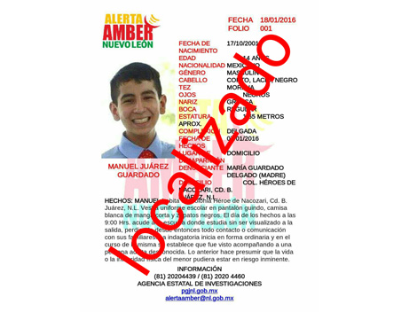 Manuel Juárez Guardado, de 14 años de edad, estaba desaparecido desde el 7 de enero. 