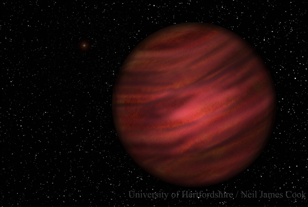 representación del planeta gigante de gas 2MASS J2126-8140 en la órbita alrededor de la estrella enana roja TYC 9486-927-1.