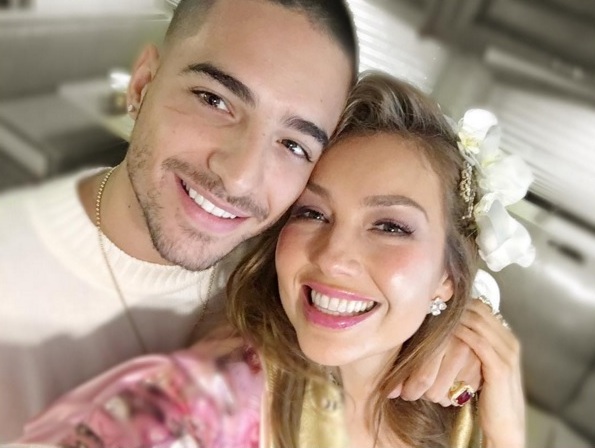 Maluma y Thalía en la grabación del video del tema. 