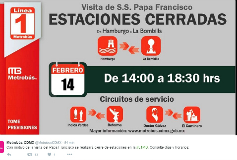 En la cuenta de Twitter del Metrobús, se dan a conocer cierres de estaciones con motivo de la visita papal a la Ciudad de México este fin de semana.