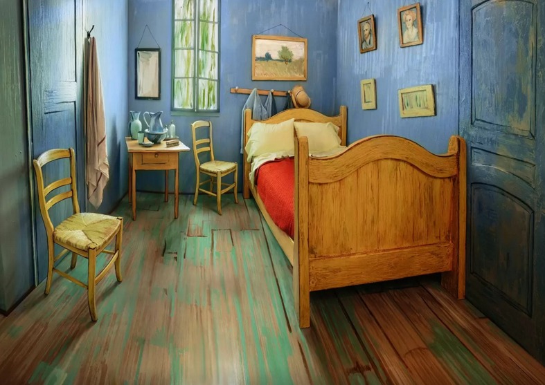 El cuarto recrea la pintura "El dormitorio en Arles" de Van Gogh.