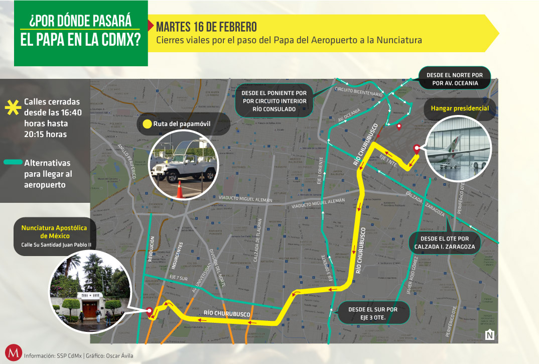 Conoce la ruta de este martes de los cierres y alternativas viales por el regreso del Papa a la CdMx.