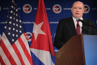 El ministro cubano de Comercio Exterior, Rodrigo Malmierca, durante su discurso a la Cámara de Comercio de Estados Unidos