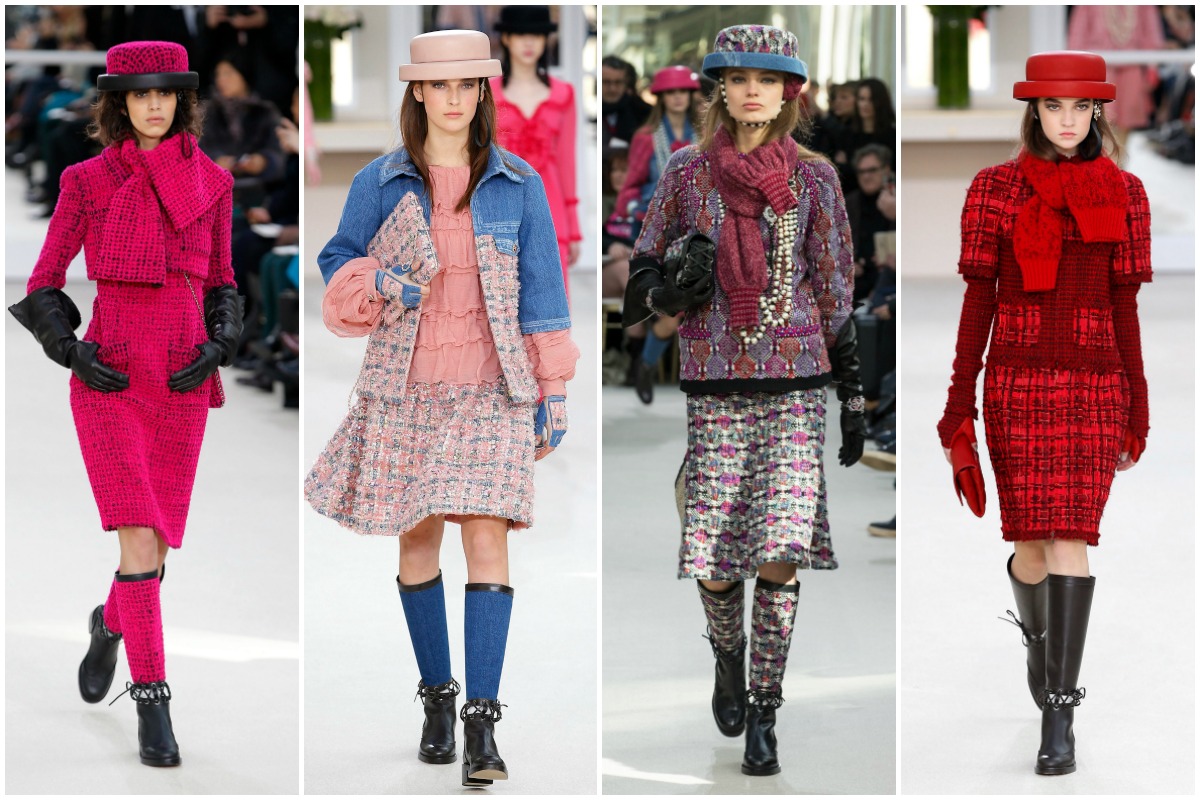 Lagerfeld presentó trajes tipo sastre en colores vibrantes, los cuales contrastaron con el resto de la colección. 
