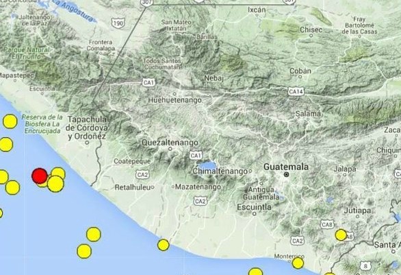 El epicentro del sismo (punto rojo en la imagen) se ubicó 122 kilómetros al suroeste de Huixtla.