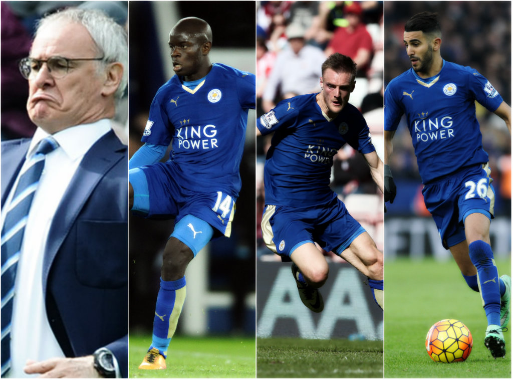 Claudio Ranieri, N'Golo Kanté, Jamie Vardy y Riyad Mahrez