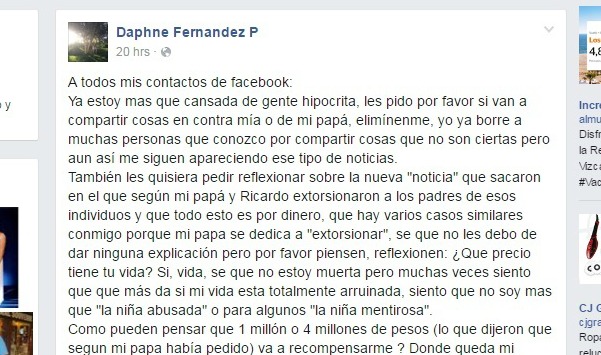 Mensaje publicado en la cuenta de la red social de la joven.