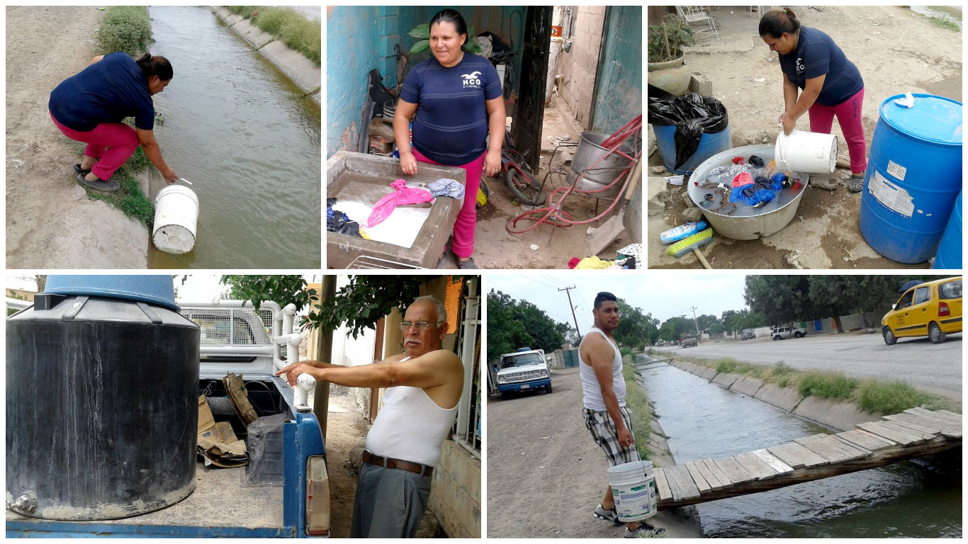 La gente, capta el agua en botes para llenar tambos o baños y llevarlas a sus casas.