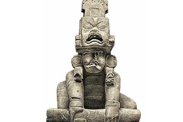 Escultura de Pajapan con un personaje en actitud de levantar un árbol cósmico y cuyo tocado es una representación del dios del maíz.
