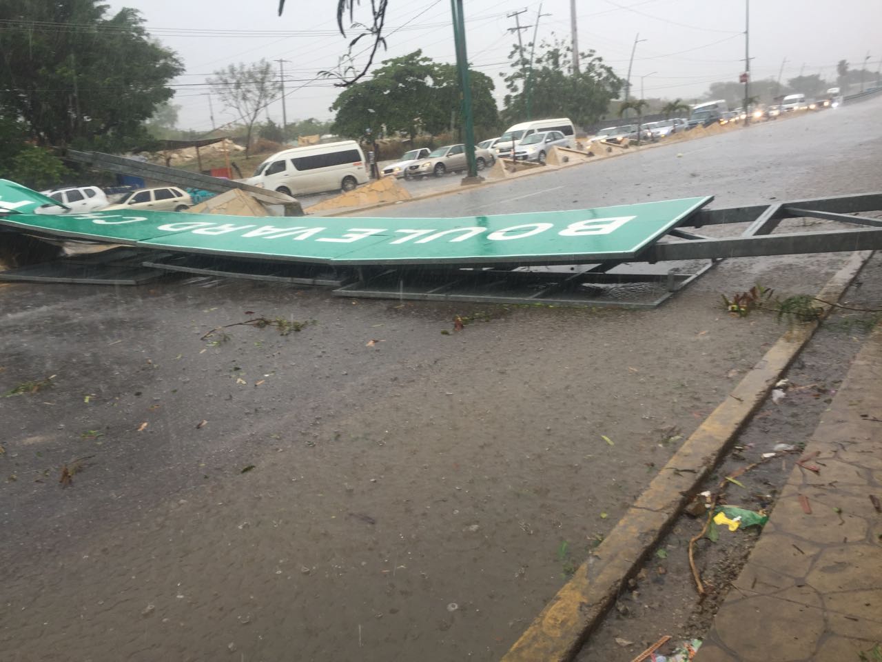 Señalamientos cayeron debido a las fuertes lluvias y vientos en la capital de Chiapas.