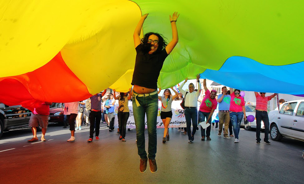En la marcha del Orgullo Gay, ondearon las banderas de franjas moradas, azules, verdes, amarillas y rojas.