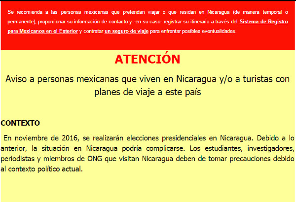 Luego de que 3 activistas mexicanos fueron detenidos en Nicaragua, la Secretaría de Relaciones Exteriores recomendó a los residentes y viajeros no for