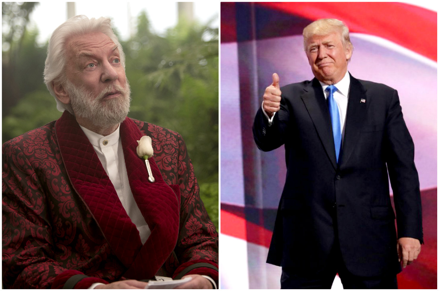 El Presidente Snow, villano ficticio de Los Juegos del Hambre, junto a Donald Trump. 