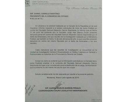 La legisladora proporcionó un documento donde explica que la solicitud realizada por el Senado al Congreso es con el fin de analizar si Samuel García 