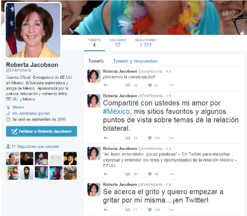 La embajadora Roberta Jacobson se sumó a la red social Twitter, a través de la cuenta @EmbRoberta.