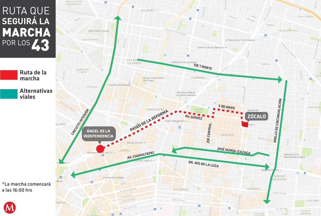 Ruta que seguirá la marcha en memoria de los 43 normalistas de Ayotzinapa desaparecidos hace dos años y las alternativas viales.
