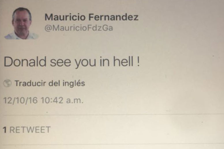 El alcalde Mauricio Fernández incluyó el polémico mensaje en su cuenta de Twitter.