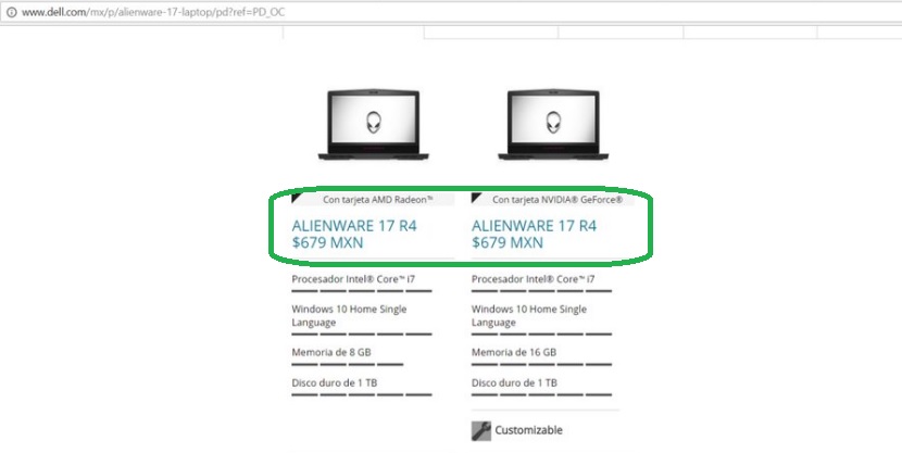 Captura de pantalla de la página web de Dell.