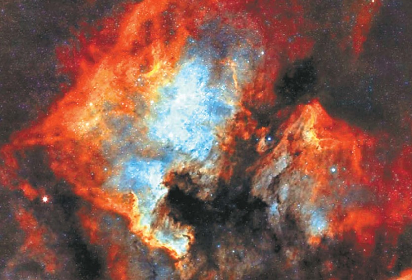 En este encuadre se aprecia la nebulosa vecina IC 5067, mejor conocida como Nebulosa del E Pelícano.