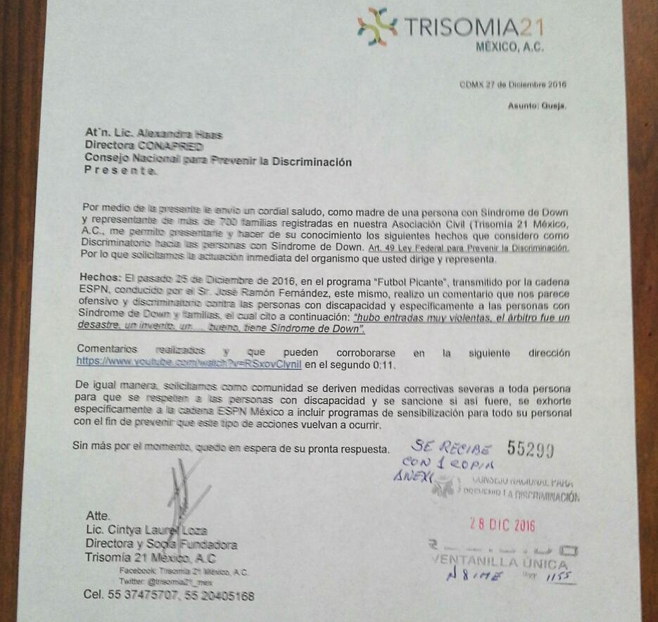 Documento presentado por Trisomia 21 ante la Conapred
