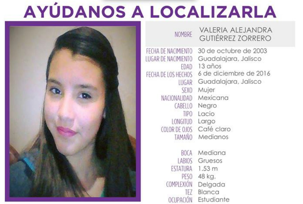 Valeria Alejandra Gutiérrez Zorrero, de 13 años, desapareció el pasado 6 de diciembre. 