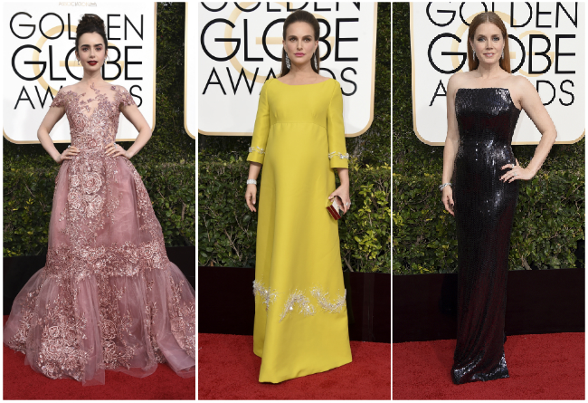 Lilly Collins, Natalie Portman y Amy Adams en la alfombra roja de los Globos de Oro. 