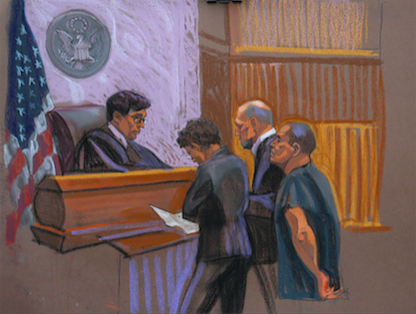 Joaquin "El Chapo" Guzman y sus abogados defensores. Michael Schneider y Michelle Gelernt durante la audiencia de este viernes en un bosquejo de la co
