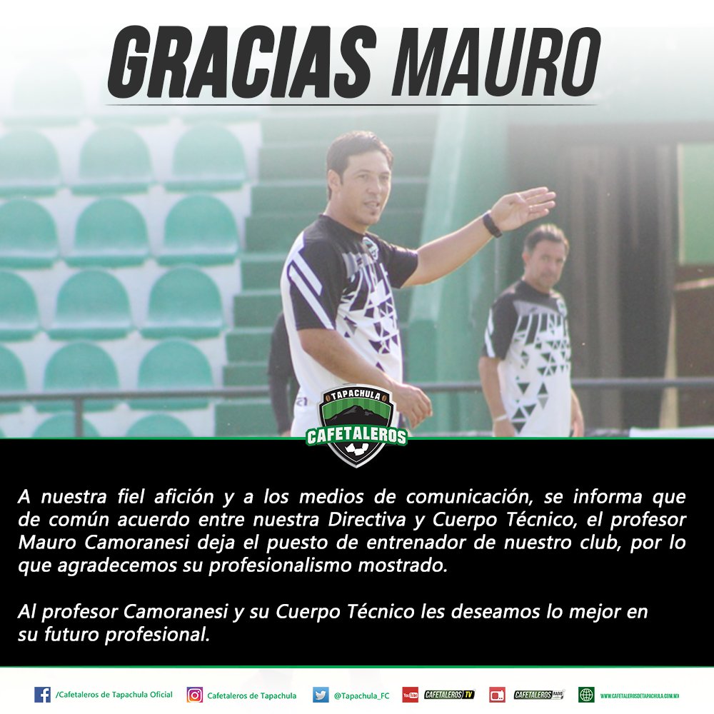 Mauro Camoranesi deja de ser el director técnico de Cafetaleros