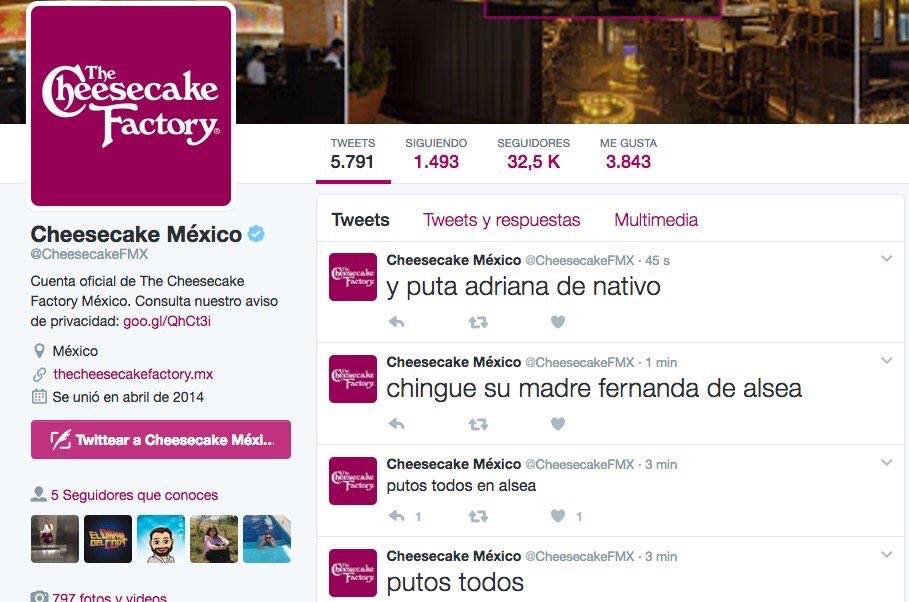Aspecto de la cuenta de Twitter de The Cheesecake Factory.